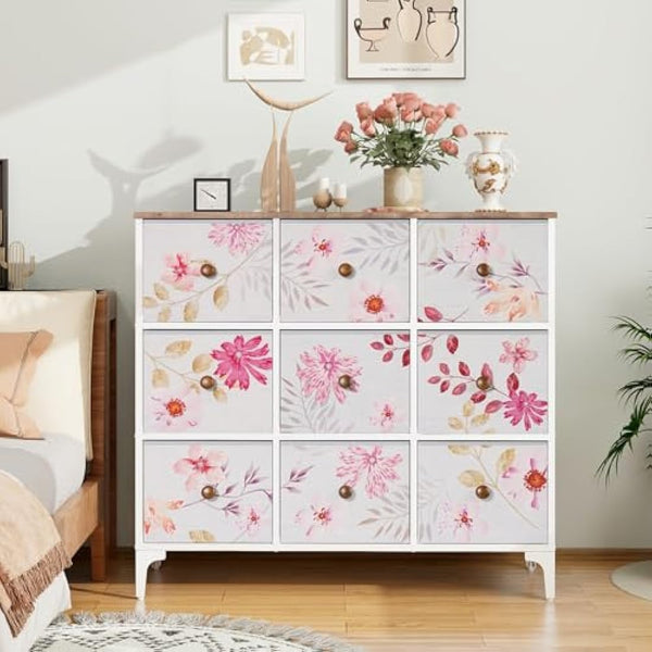 LYNCOHOME Chest of Drawers, Pink Bedroom Furniture with 9 Fabric Drawers, Storage Unit with Metal Frame and Wooden Top for Bedroom Living room, Nursery, Closet