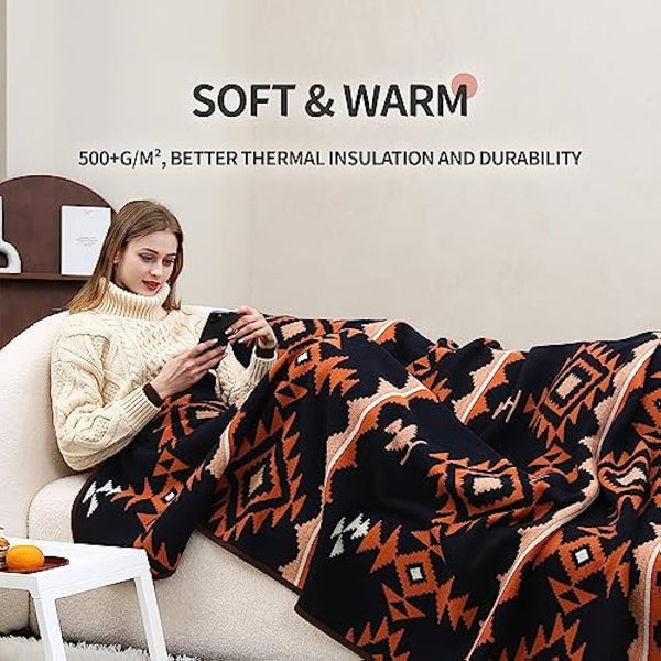 ACUSHLA Merino Wool Thorw Blanket - Warm Thick Washable Large Throw - Great Outdoor Camping Sleeping Blanket All Seasons Morocco Dark Blue 79" x63"