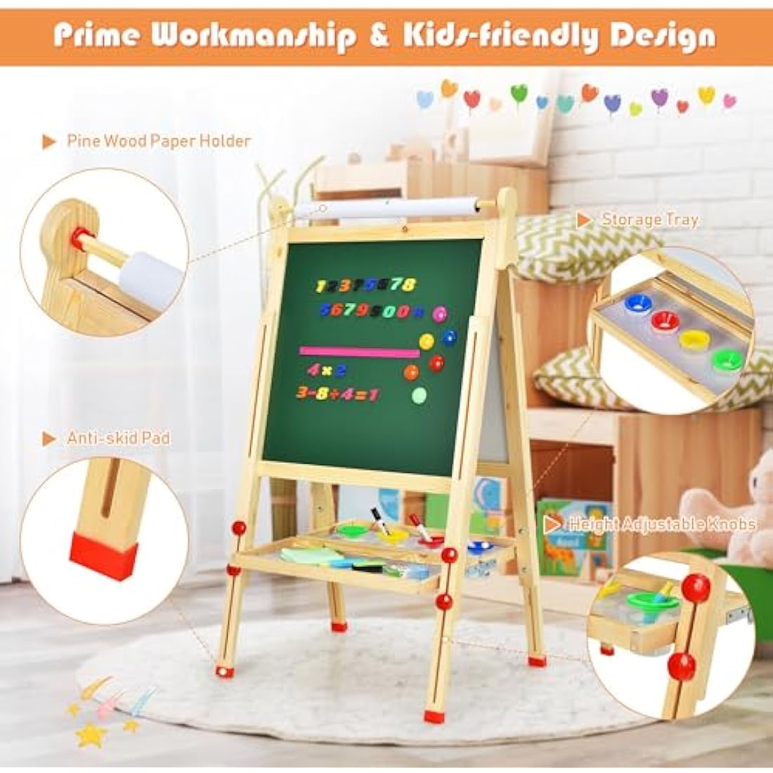 EAQ Kids Easel,Height Adjustable Wooden Art Easel,Whiteboard Chalkboard with Paper Roll Holder, Chalk Board for Kids,Best Birthday Gift for Kids (Wood)