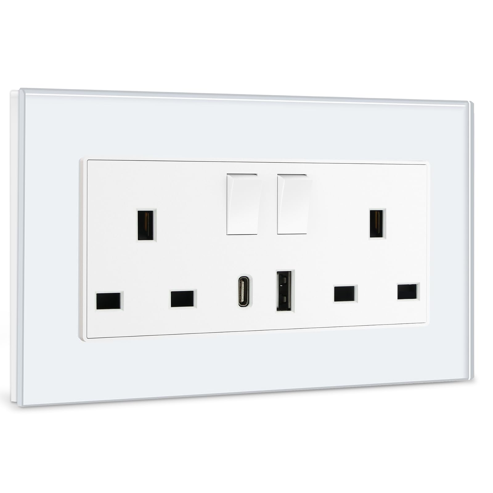 BSEED Double Socket 13A with LED Indicator, Double Switched Wall Socket 2 Gang UK Standard, Electric Switched Plug Power Wall Outlet with Glass Panel, Grey