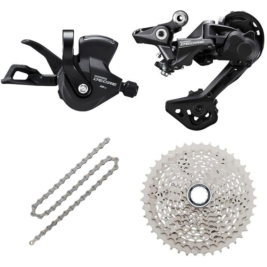 JGbike Compatible 10 speed MTB 4pc groupset for Shimano Deore M4100: Right Shift Lever,Long cage Rear Derailleur, 11-42T Cassette or Sunrace 11-46T Cassette, KMC X10 Chain