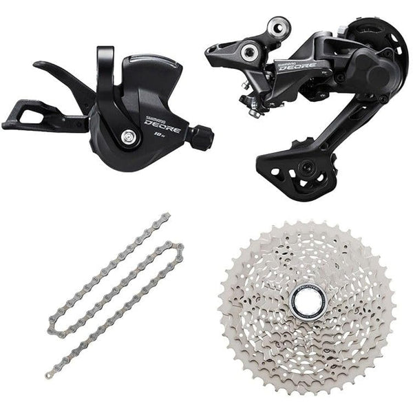 JGbike Compatible 10 speed MTB 4pc groupset for Shimano Deore M4100: Right Shift Lever,Long cage Rear Derailleur, 11-42T Cassette or Sunrace 11-46T Cassette, KMC X10 Chain