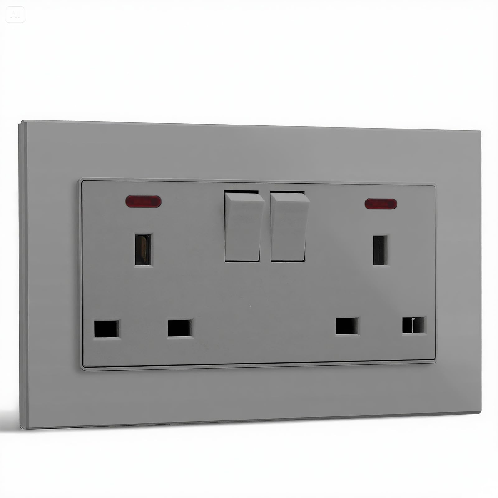 BSEED Double Socket 13A with LED Indicator, Double Switched Wall Socket 2 Gang UK Standard, Electric Switched Plug Power Wall Outlet with Glass Panel, Grey