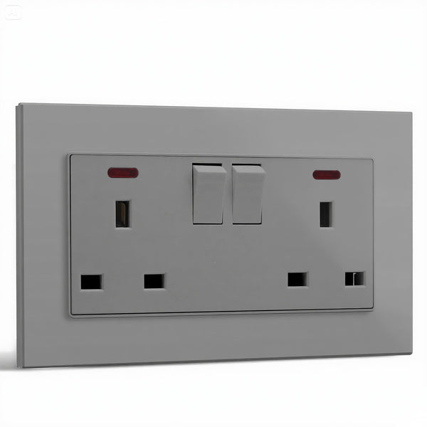 BSEED Double Socket 13A with LED Indicator, Double Switched Wall Socket 2 Gang UK Standard, Electric Switched Plug Power Wall Outlet with Glass Panel, Grey