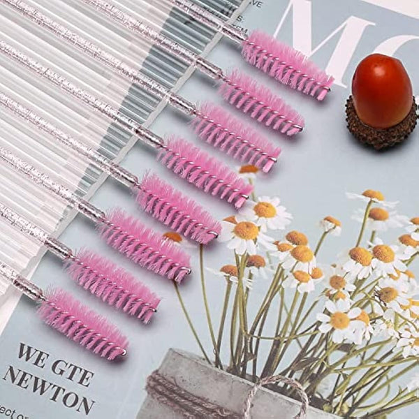 Disposable Eyelash Brushes Mascara Wands Eye Lash Eyebrow Applicator Cosmetic Makeup Brush Tool Kits (100PC, crystal pink)