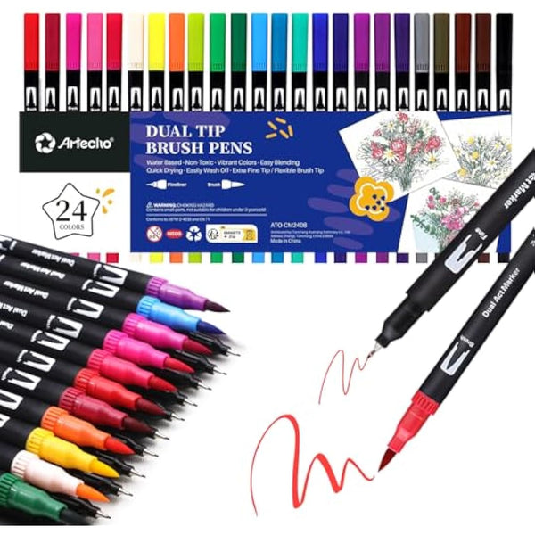 Artecho 24 Dual Tip Brush Pens，Colouring Pens brush pens for Adult，Colouring Books，Calligraphy，Drawing，Sketching, nylon tip for Artists，Beginners