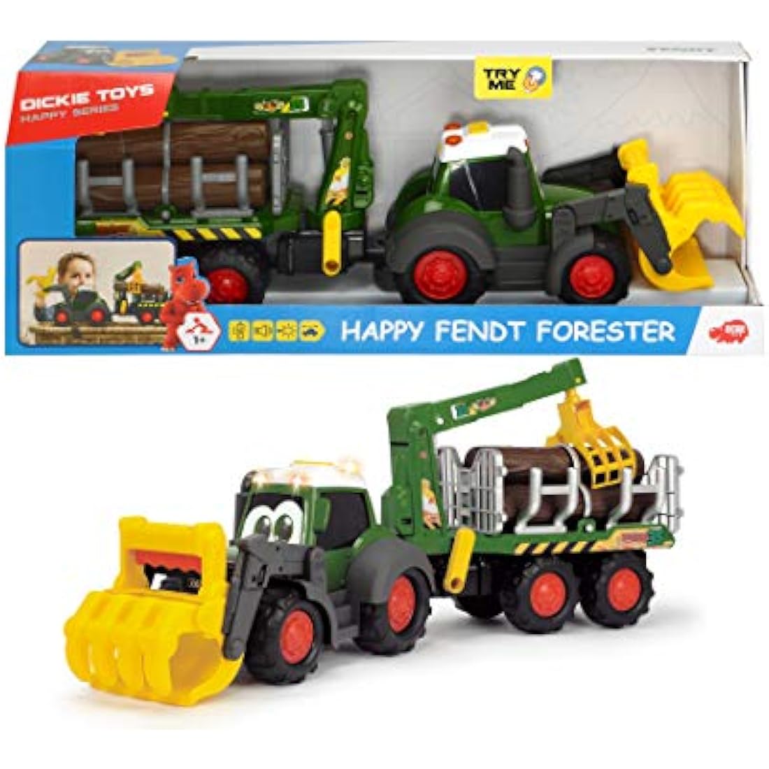 Dickie Toys 204119001 Happy Fendt Forest Toy Excavator with Trailer Mechanical Claw Over Handle Tree Trunks, Light & Sound, Batteries Included 65 cm Long, Green