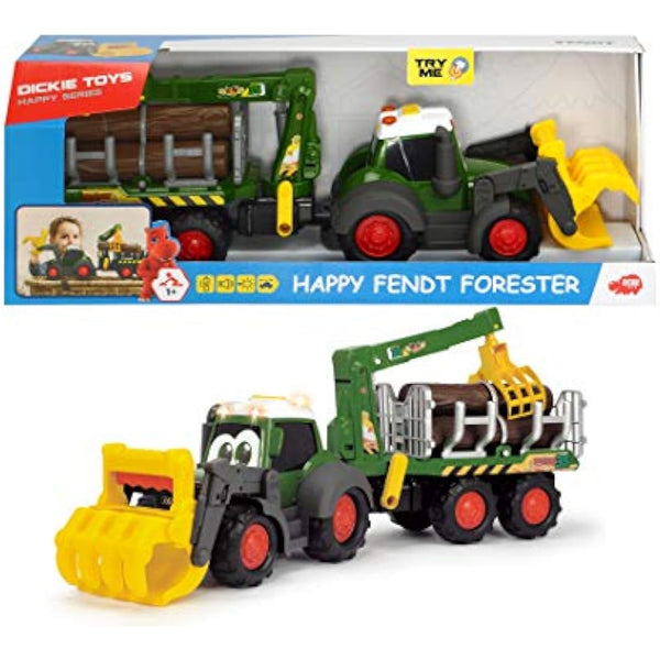 Dickie Toys 204119001 Happy Fendt Forest Toy Excavator with Trailer Mechanical Claw Over Handle Tree Trunks, Light & Sound, Batteries Included 65 cm Long, Green