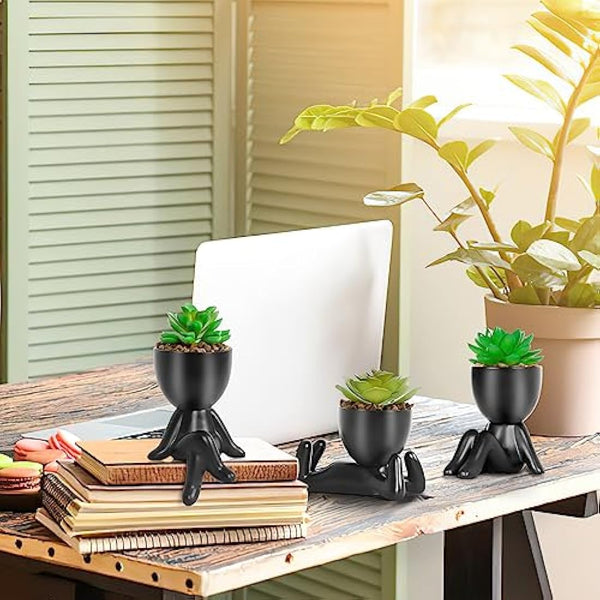 Dremisland Fake Succulents Plants Set of 3 Black Porcelain Pots with Small Artificial Plants Human Shaped Ceramic Pots Cute Faux Plant for Indoors Office Desk Shelf Decorations