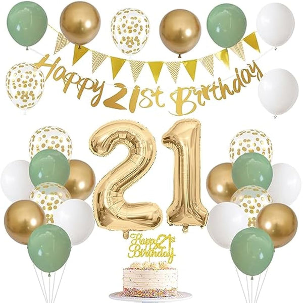 Jobkoo 21st Birthday Decorations Him Her, Happy 21st Birthday Banner w/ Birthday Cake Topper Number 21 Foil Balloon Sage Green White Gold Birthday Balloons Men Women 21 Year Old Party Decoration