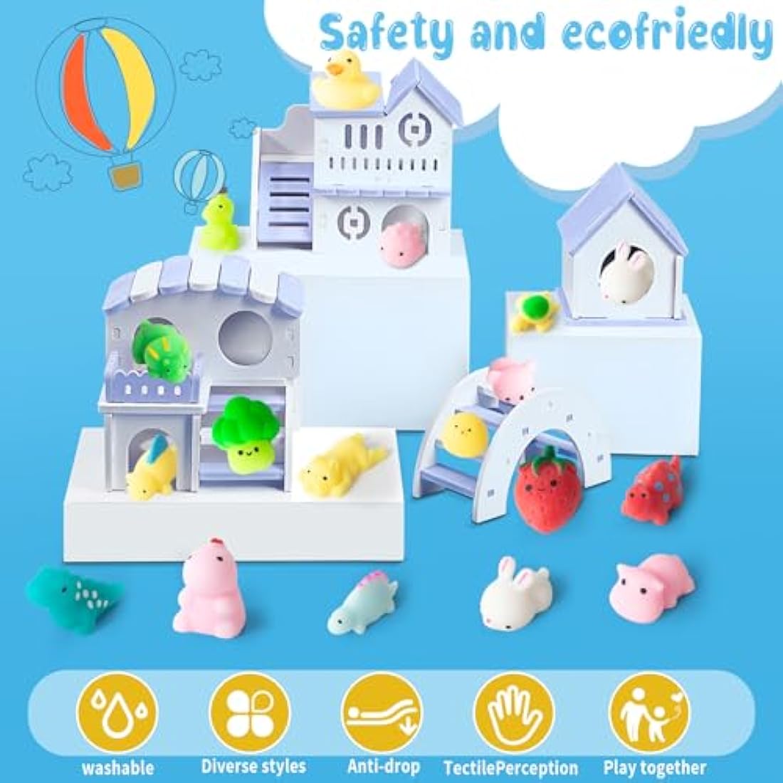 32Pcs Mochi Squishy Toys, Kawaii Animals Dinosaur Fruits Mini Squeeze Toys Pack, Soft Squishies Stress Relief Sensory Fidget Toys Party Bags Fillers for Kids Birthday Party Favors Gifts