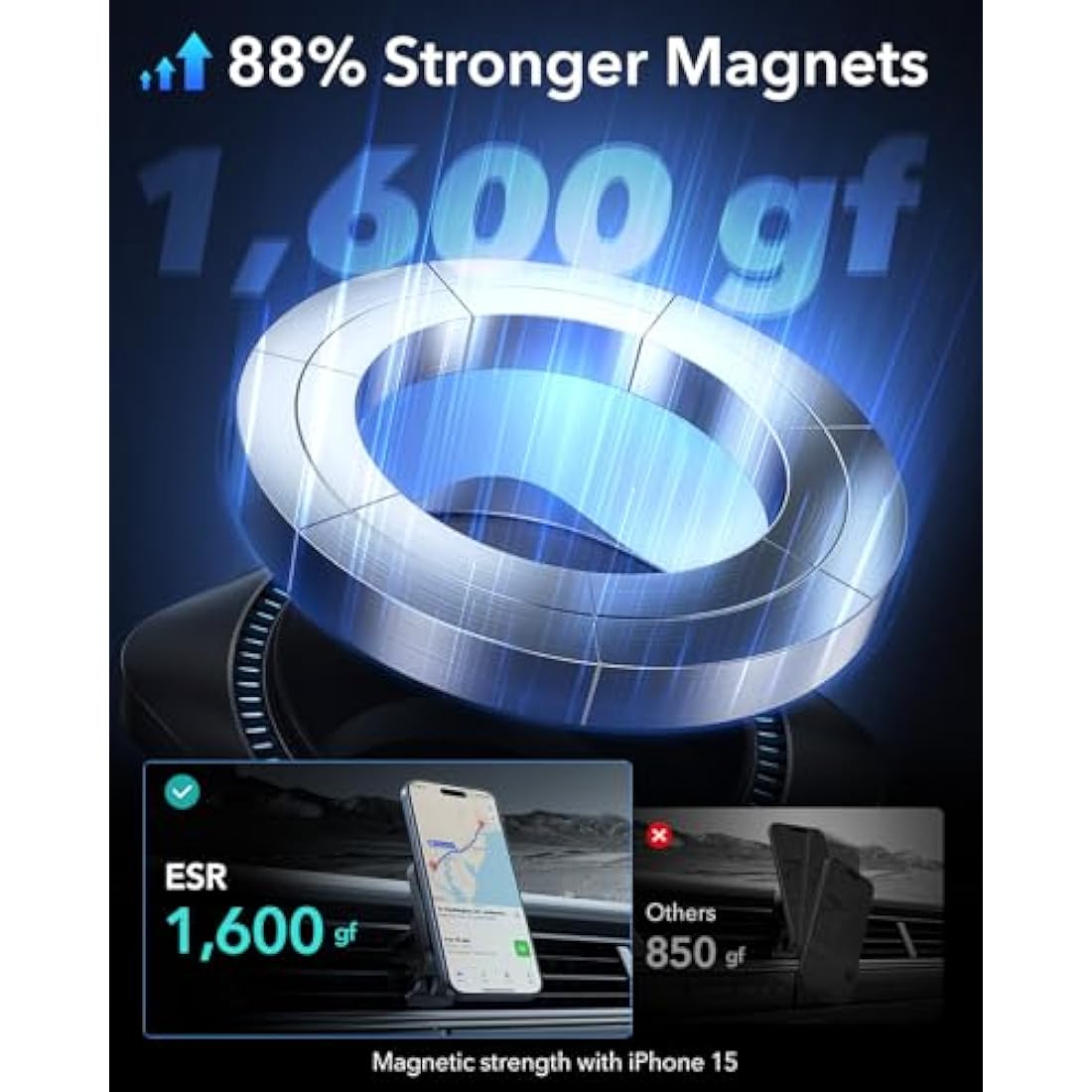 ESR for 15W MagSafe Car Mount Charger - CryoBoost Phone Cooling Faster Charging, Air Vent/Dashboard Magnetic Wireless Car Charger for iPhone 16 15 14 13 12 Pro Max Plus Mini, S25, MagSafe Accessories