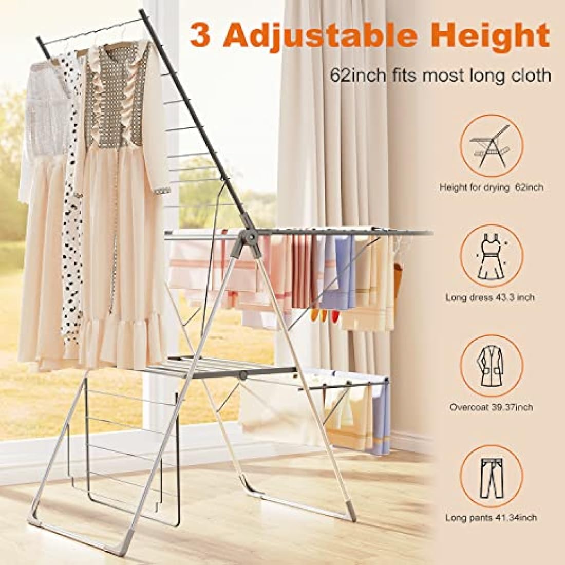 Innotic Clothes Airer with 33 bars, 2-Level Foldable Clothes Drying Rack Indoor Outdoor, Stainless Steel Large Clothes Horse, 6 Height-Adjustable Laundry Drying Rack (Grey)