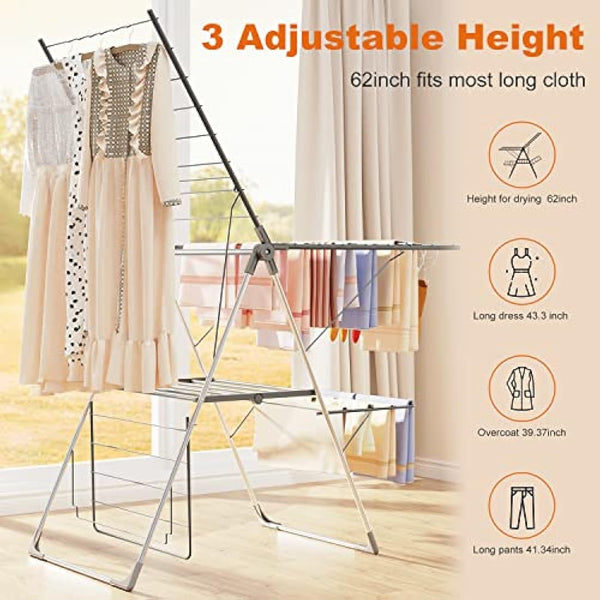 Innotic Clothes Airer with 33 bars, 2-Level Foldable Clothes Drying Rack Indoor Outdoor, Stainless Steel Large Clothes Horse, 6 Height-Adjustable Laundry Drying Rack (Grey)