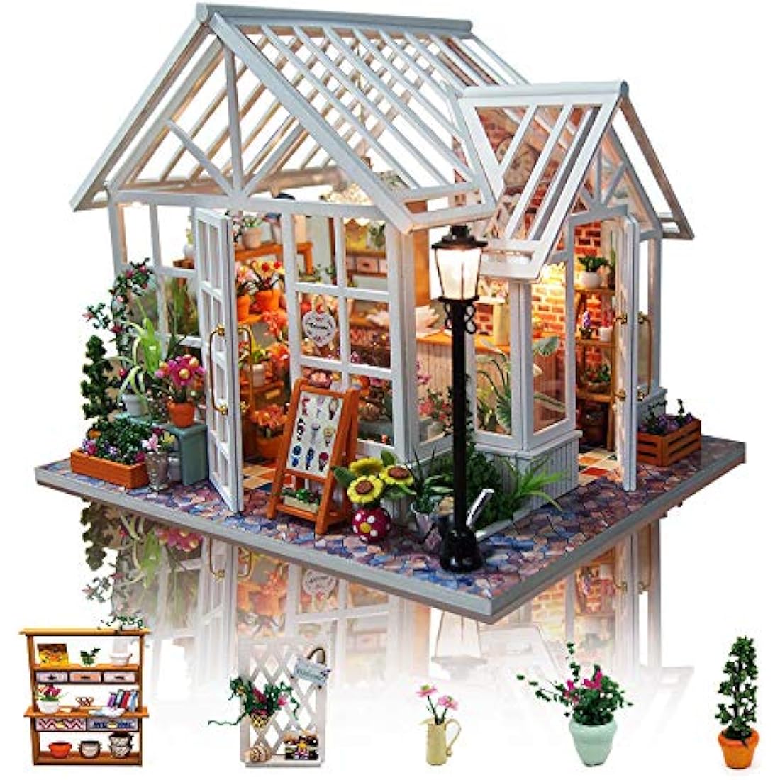 GuDoQi Miniature Dolls House Kit with Music, DIY Miniature House Model Kits for Adults to Build, Handmade Crafts Kit, Room Decoration, Make Your Own Birthday, Father's Day Flower Shop