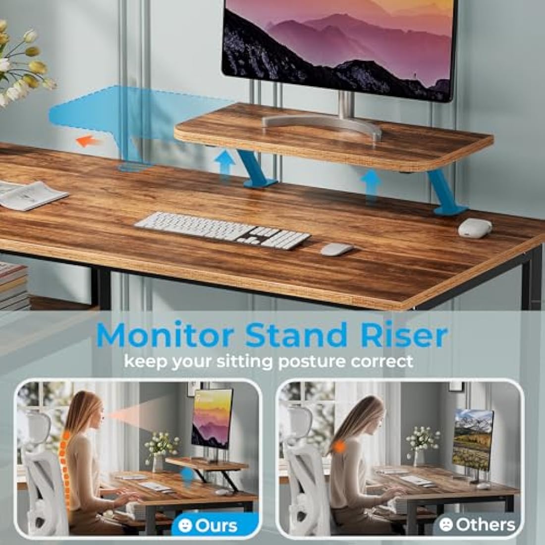 GreenForest Computer Desk with Monitor Stand,100cm Home Office Desk with Reversible Storage Shelves,Study Desk for Small Spaces,Brown