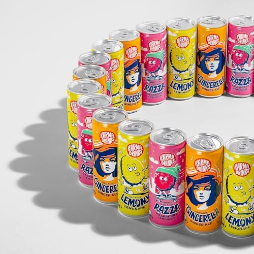 Karma Drinks Razza Raspberry Pink Lemonade (250ml x 24 Cans Soft Drink), Organic, Gluten Free Lemonade cans, Natural Ingredients, FairTrade, Vegan Friendly, No GMO, Carbonated Fizzy Drinks 24 Pack
