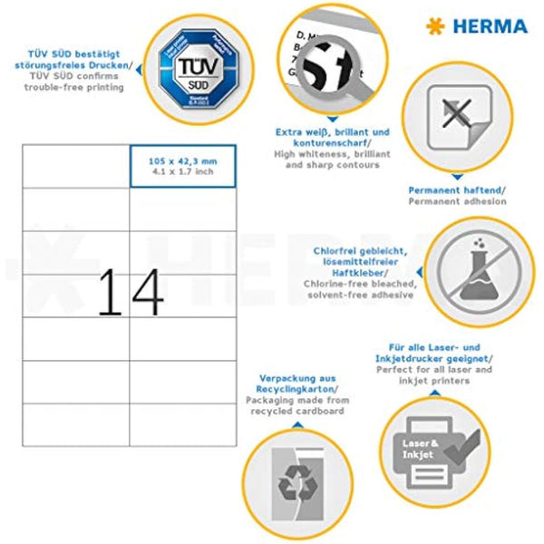 HERMA Self Adhesive Multipurpose Labels, 14 Labels per A4 Sheet, 200 Sheets, 105 x 42.3 mm, 2800 Labels, Blank Universal Labels Stickers, Sticky Labels for Laser & Inkjet Printer, White
