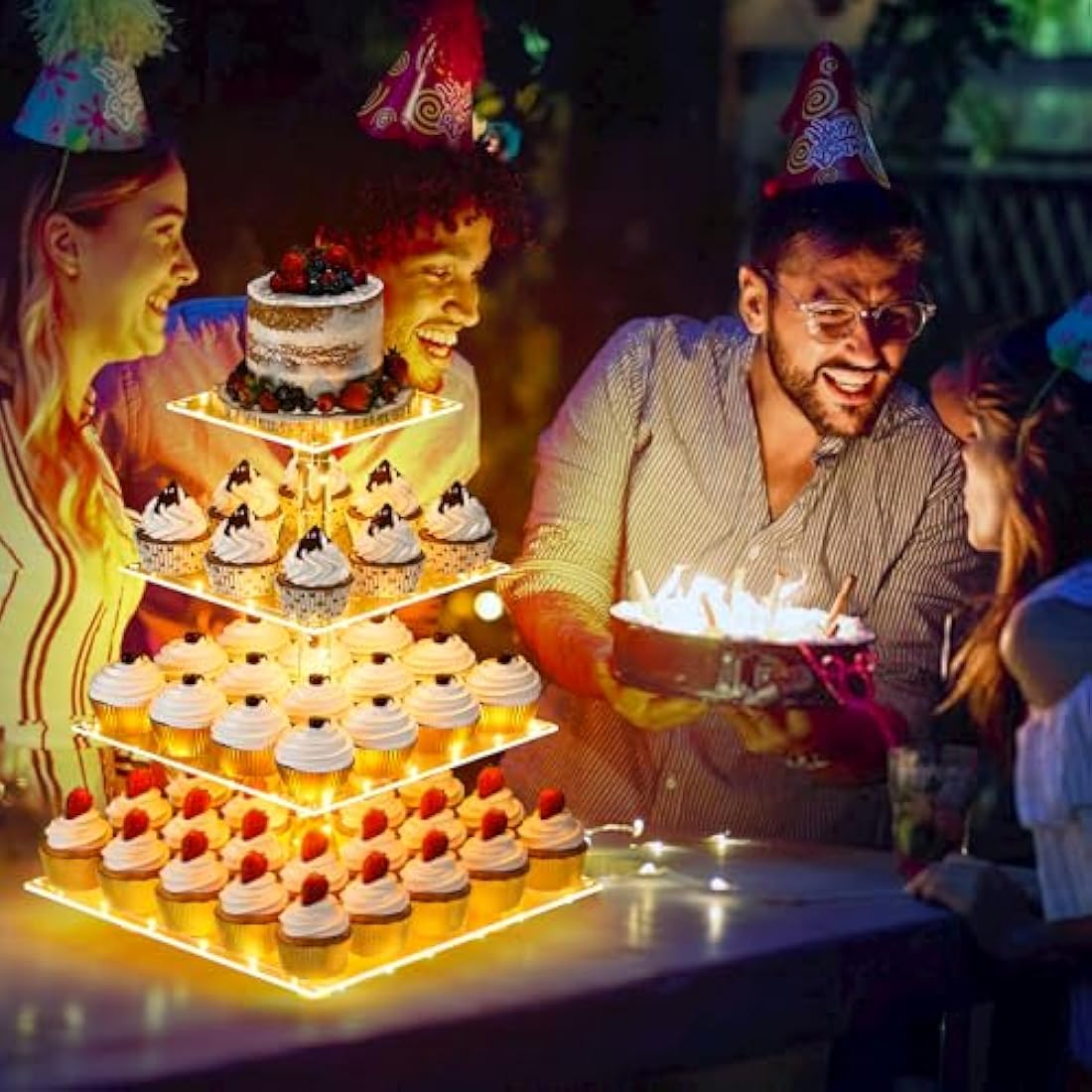4 Tier Cupcake Stand Acrylic Tower Display with LED Light Premium Holder Dessert Tree Tower for Birthday Cady Bar Décor Weddings, Parties Events (Yellow Light)