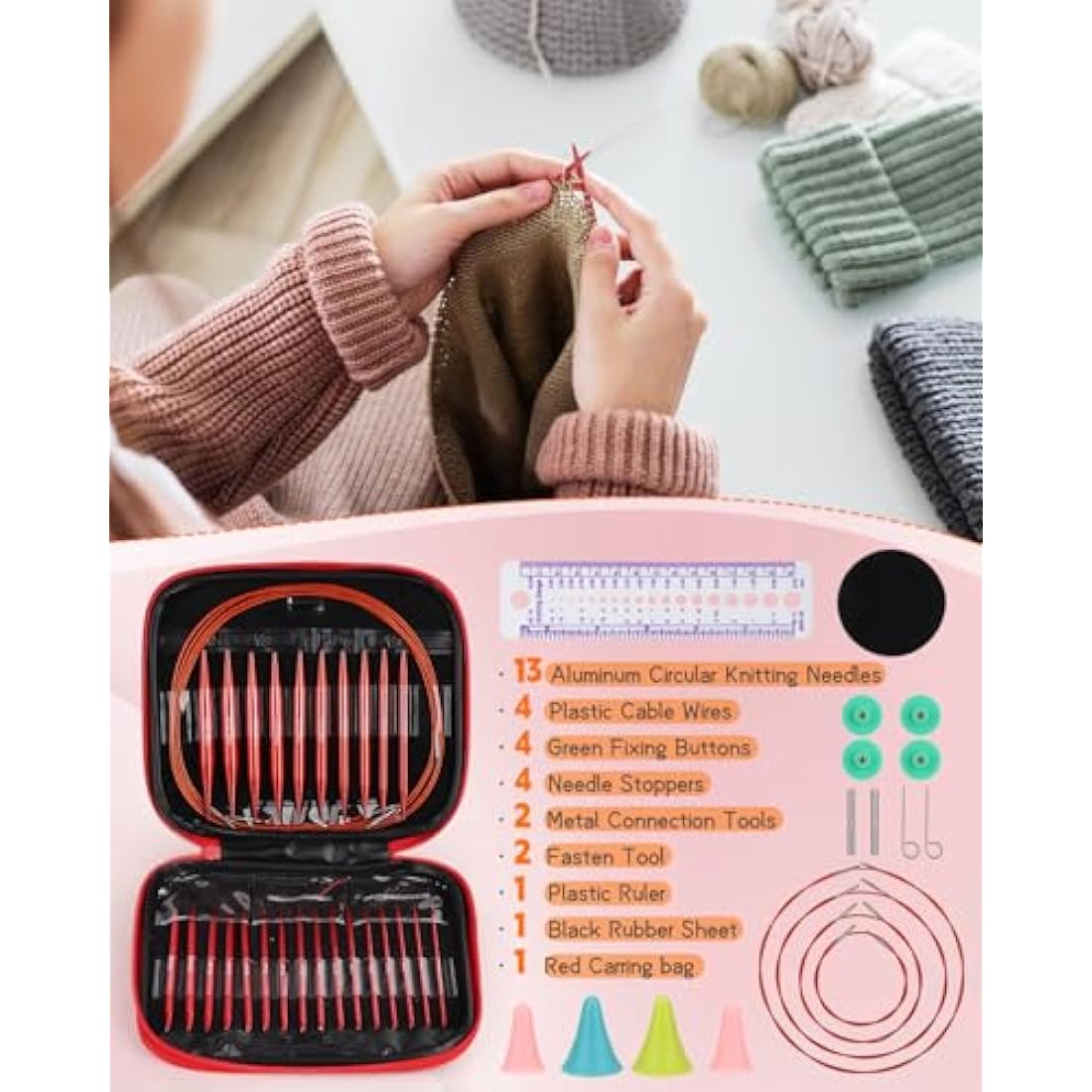 Aeelike Circular Knitting Needles, Interchangeable Circular Knitting Needles Set with Case & Accessories, 13 Pairs of Round Knitting Needles 3mm-10mm, Circular Knitting Kit for Beginners Adults