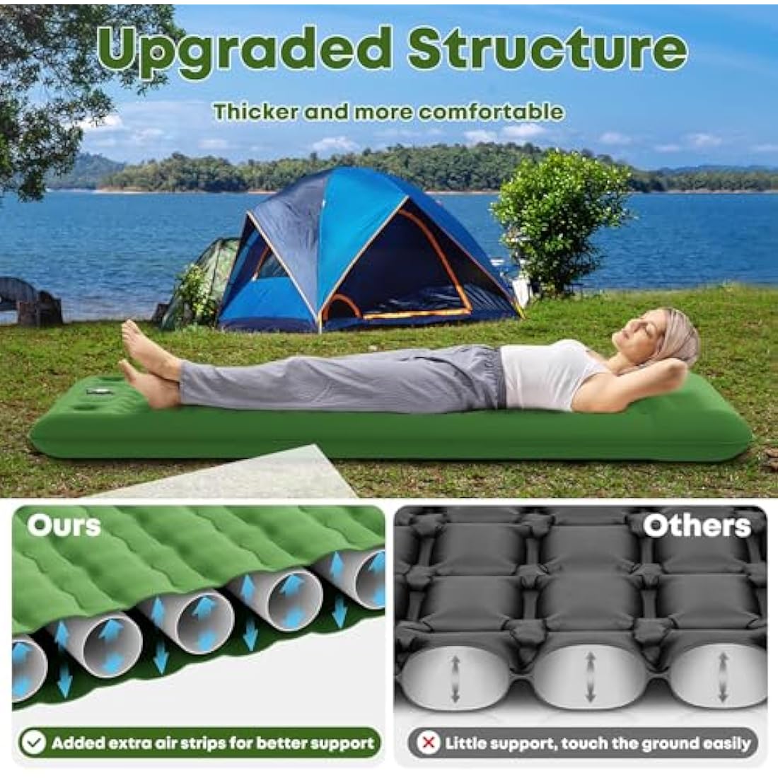 MAMBAKOTR Camping Air Bed 12-15CM Extra Thick, Reinforced Support Structure with Built-in Foot Pump and Pillow Portable Camping Sleeping Mat Air Mattress for Tent Backpacking Hiking Travel