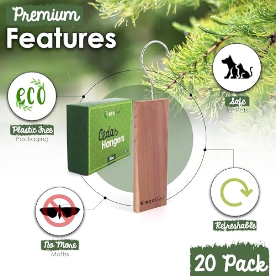 ecoKiwi Moth Repellent for Wardrobes & Clothes - 20 Pack Cedar Wood Hanging Blocks - Cedarwood Moth Repellent Wardrobe Freshener - 100% Natural Oil Storage Moth Repellent for Drawers with Sandpaper