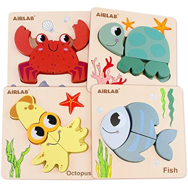 Airlab Montessori Toys for 1 2 3 Year Old Girls Boys, Wooden Jigsaw Baby Chunky Shape Puzzles, Fine Motor Skills Sensory Learning & Educational Travel Toys, First 1st Birthday Gifts