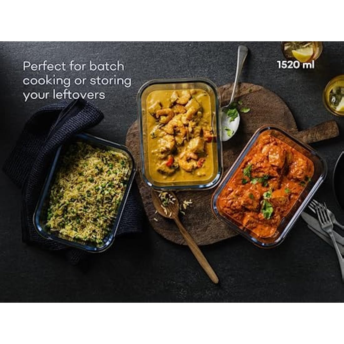 Franklin Lade Glass Food Storage Containers | 3 Piece Extra Large Set 1520ml | BPA-Free Airtight LeakProof Lid | Food Containers | Glass Containers with Lids | Oven, Freezer & Dishwasher Safe