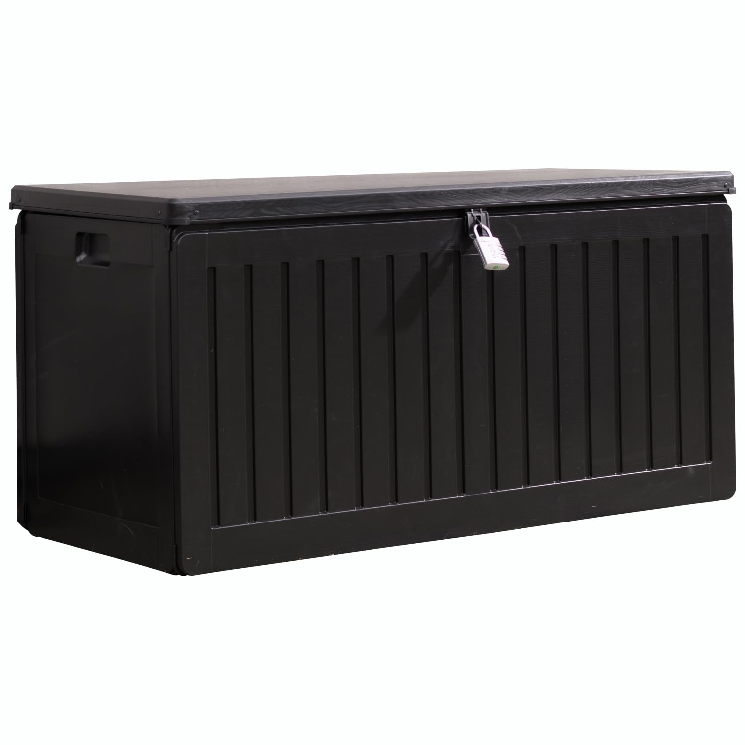 Olsen & Smith 680L Large Garden Storage Box - Weather Resistant Heavy Duty Garden Box with Padlock & Wood Effect - Huge Capacity Outdoor Storage Chest for Tools, Cushions, Toys & More (Anthracite)