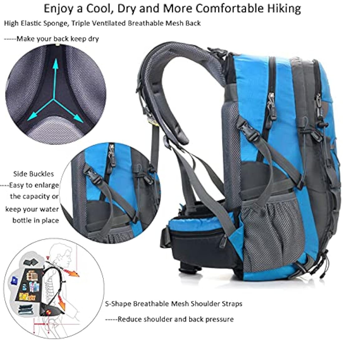 A AM SeaBlue 40L Hiking Backpack for Men and Women Trekking Rucksack Lightweight Travel Daypack with Waterproof Rain Cover,Large Sports Bag for Outdoor Activities