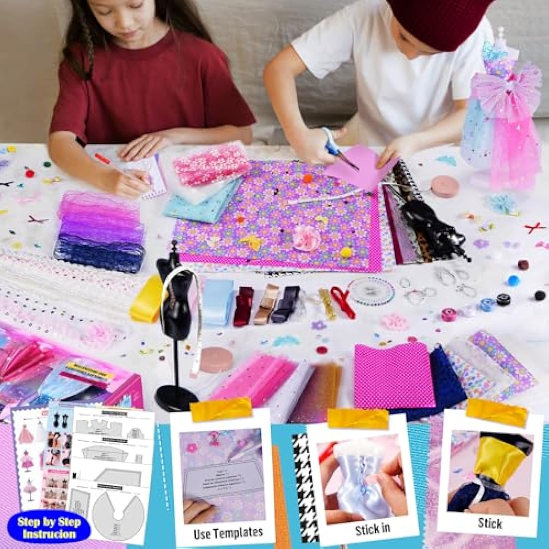 1000+Pcs - Fashion Designer Kit for Girls with 6 Mannequins- Creativity DIY Arts & Crafts Kit Learning Toys Sewing Kit for Kids- Teen Girls Kids Birthday Easter Gift Present Age 6 7 8 9 10 11 12+