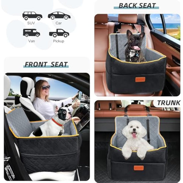 HEGGCOOE Small Dog Car Seat, Memory Foam Dog Booster Seats with Thick Cushion for Medium Dogs Under 35lbs, Detachable Washable Pet Car Seat with Storage Pockets,2 Safety Belts