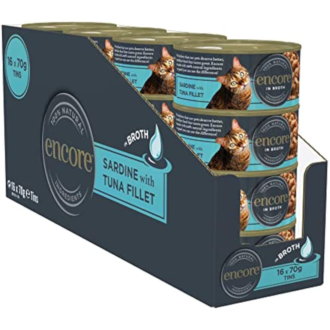 Encore 100 Percent Natural Wet Cat Food, Sardines with Tuna in Broth, 70g Tin (Pack of 16 Tins)