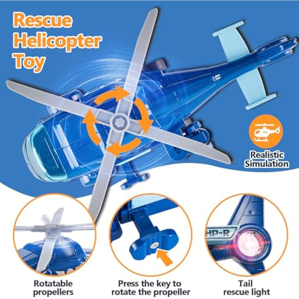 HERSITY Rescue Helicopter Toy Blue Police Plane with Light and Sound Push and Go Airplane Gifts for Kids Toddlers 3 4 5 Years Old