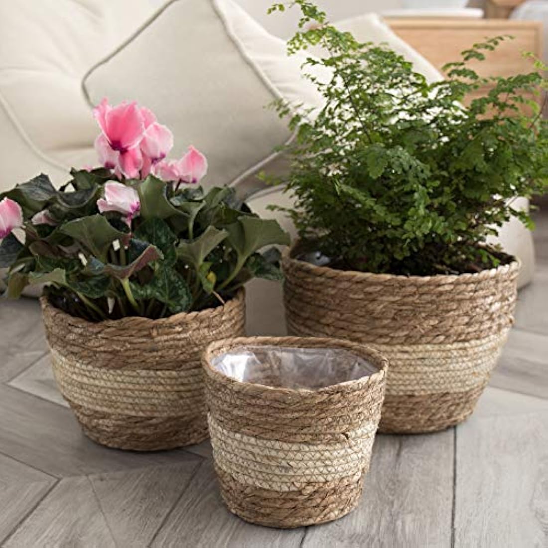 La Jolíe Muse Seagrass Planter Basket Indoor, Flower Pots Cover, Plant Containers, Beige(3-Pack)