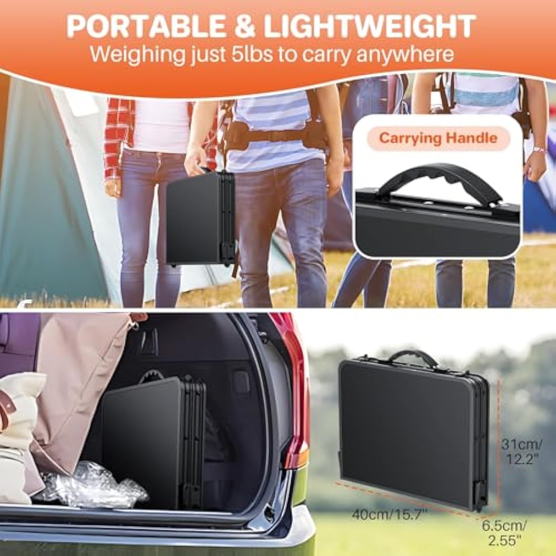 FUNYKICH 2ft Small Folding Camping Table, 3 Height Adjustable Portable Picnic Table, Lightweight Aluminum Outdoor Tables with Carry Handle for Camping, Picnic, BBQ, 58x40cm(L22.8 xW15.7), Black