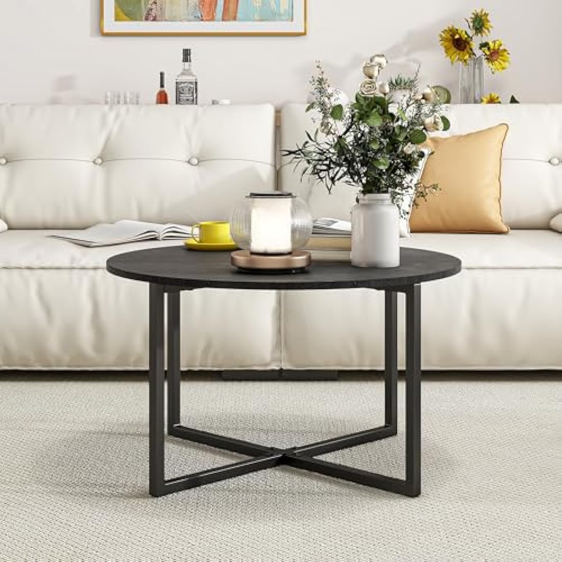 HOJINLINERO Round Coffee Table Tea Table End Table Sofa Table for Living Room with Metal Legs,Cocktail Table with Wood Look Accent Furniture,Easy To Assemble,Black