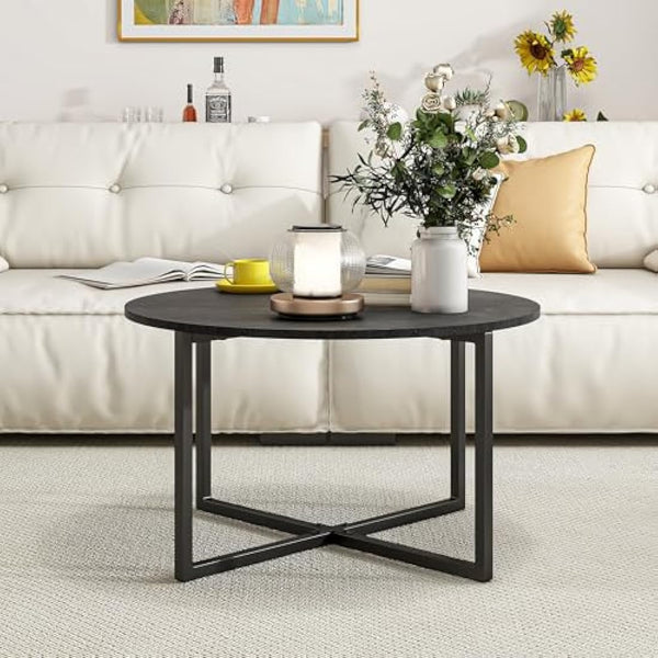 HOJINLINERO Round Coffee Table Tea Table End Table Sofa Table for Living Room with Metal Legs,Cocktail Table with Wood Look Accent Furniture,Easy To Assemble,Black