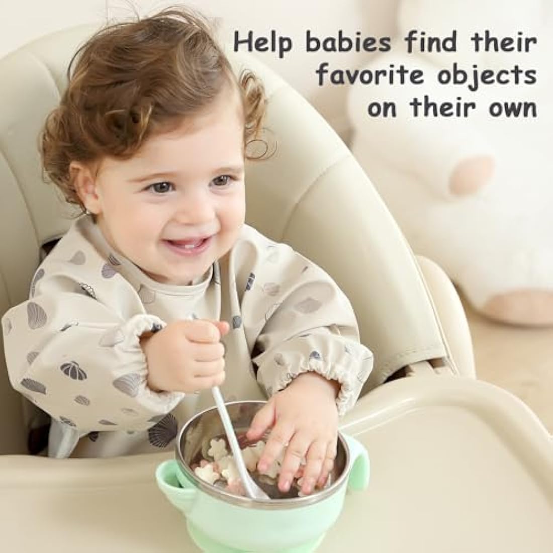 PewinGo Weaning Bib with Long Sleeves & BLW, Soft and Skin-Friendly Material, Coverall Bibs for Baby Feeding, Waterproof and Easy to Clean & Machine Washable,for Baby Infant Toddlers (Beige)