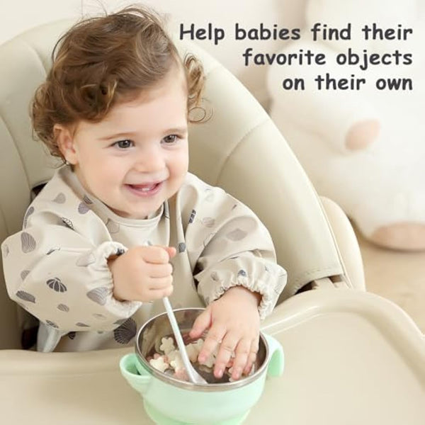 PewinGo Weaning Bib with Long Sleeves & BLW, Soft and Skin-Friendly Material, Coverall Bibs for Baby Feeding, Waterproof and Easy to Clean & Machine Washable,for Baby Infant Toddlers (Beige)