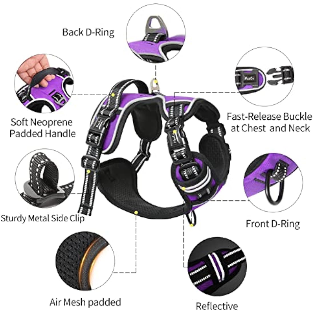 HEELE No Pull Dog Harness, Ex-Large, Release on Neck, Reflective, Adjustable with Front Back 2 Leash Attachments and Soft Padded Control Handle for Walking Training, Purple, XL