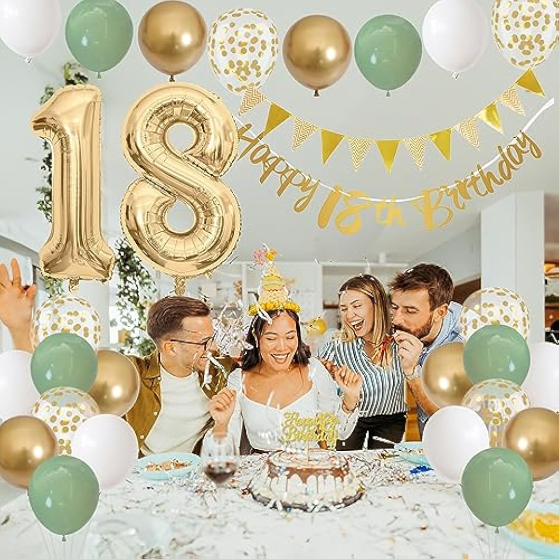 18th Birthday Decorations - Happy 18th Banner, Cake Topper, Foil Balloons in Sage Green, White, Gold for 18 Year Old Party