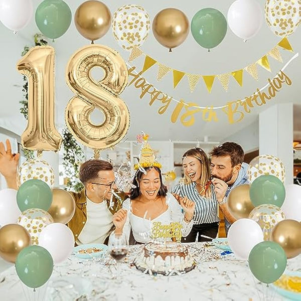 18th Birthday Decorations - Happy 18th Banner, Cake Topper, Foil Balloons in Sage Green, White, Gold for 18 Year Old Party