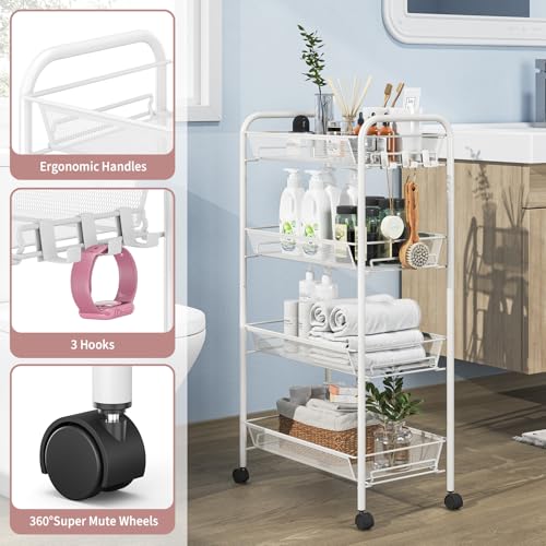 APEXCHASER 4-Tier Rolling Cart,Easy Assemble Mobile Storage Trolley On Wheels,Slide Out Utility Cart Shelving Units Kitchen Bathroom Laundry