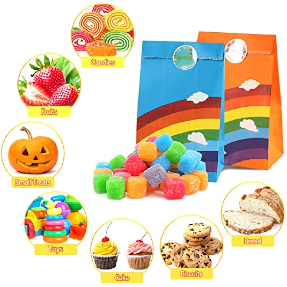 40 PCS Paper Party Bags for Kids, TOOELMON Rainbow Paper Gift Bags Candy Goodie Treat Bags with Stickers for Birthday, Picnic, Wedding Parties (130 * 80 * 240mm,Rainbow-40pcs)