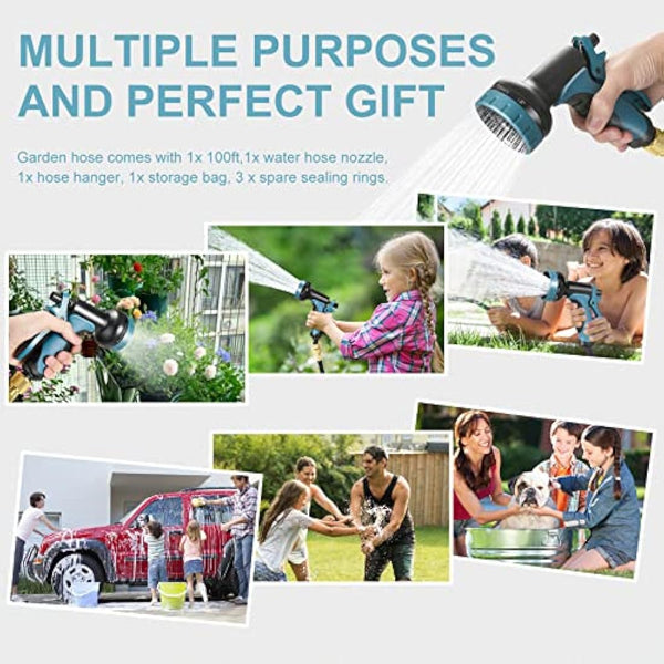 Expandable Garden Hose 100FT, Flexible Garden Hose Pipe with 10 Function Spray Gun, 3 Times Expanding Watering Hose Pipe with 3/4" 1/2" Brass Fitting Quick Connector for Garden Watering Cleaning
