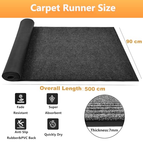Nisorpa Hallway Carpet Runner 90x500cm Non Slip Extra Long Washable Rug for Home Office Kitchen