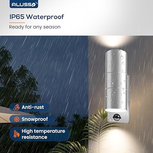 ALUSSO LED Outdoor Wall Light Motion Sensor,IP65 Stainless Steel Up Down Light Mains Powered,Warm White/Neutral White/Cool White Selectable,2x8W GU10 Included,Outside Sconce Wall Mounted for Porch