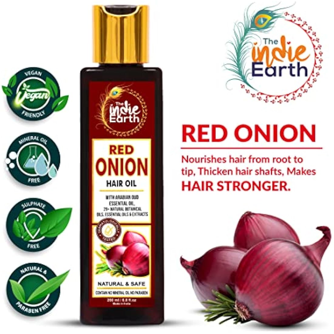 INDIE EARTH RED ONION HAIR OIL 200 ML - ANTI HAIR LOSS & HAIR GROWTH WITH BLACK SEED, CURRY LEAF, HIBISCUS BHRINGRAJ & 29+ NATURAL OILS & EXTRACTS