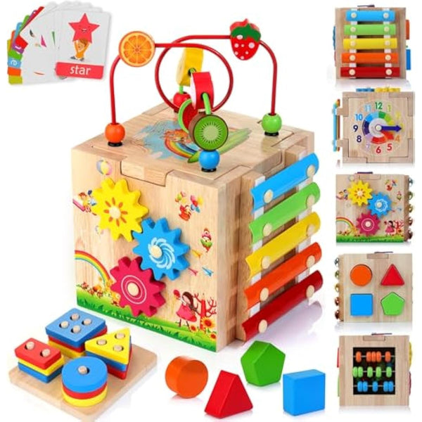 HELLOWOOD Wooden Activity Cube Baby Toys, 8-in-1 Montessori Educational Toy Set, Bead Maze Shape Sorter Abacus Xylophone Words & Clock Learning, STEM Toys for Boys Girls Toddlers Age 18 Months and up